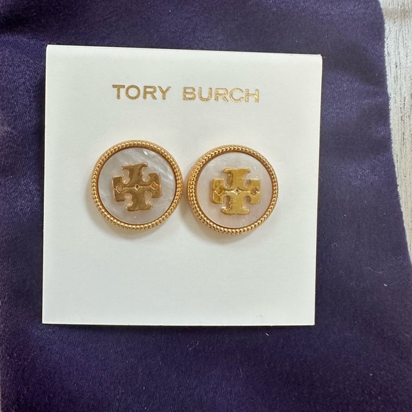 Tory Burch Gold and Cream Stud Earrings - Picture 1 of 4